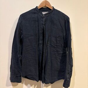 Everlane Men's Black Mandarin Band-Collar Linen Shirt